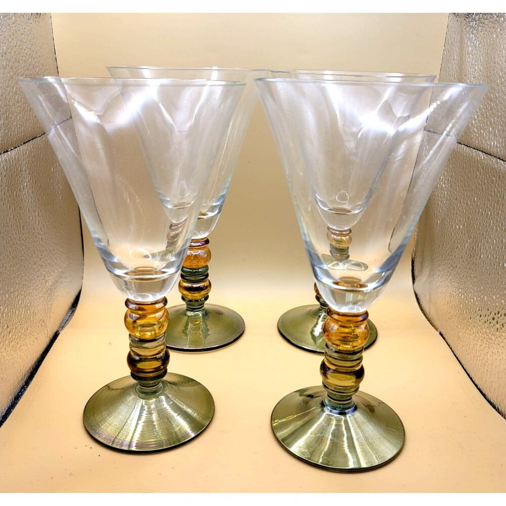 Set Of 4 Handblown Wine or Water Glasses Goblets Multicolor Beaded Stems dh900
